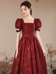 Burgundy A-Line Tea Length Prom Dress, Cute Short Sleeve Evening Party Dress