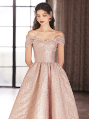 Cute Satin Tea Length Prom Dress, Off the Shoulder Pink A-Line Party Dress