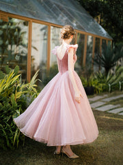 Retro Pink Velvet Tulle Tea Length Prom Dresses, A-Line U-Neck Short Sleeve Princess Party Dresses