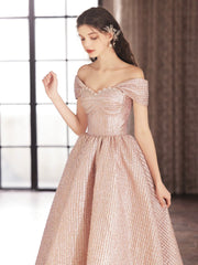 Cute Satin Tea Length Prom Dress, Off the Shoulder Pink A-Line Party Dress
