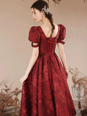 Burgundy A-Line Tea Length Prom Dress, Cute Short Sleeve Evening Party Dress
