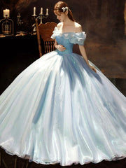 A-Line Blue Princess Dress, Off the Shoulder Organza Butterfly Formal Dress
