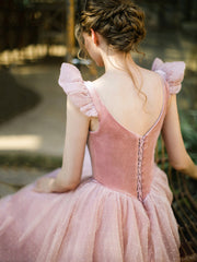 Retro Pink Velvet Tulle Tea Length Prom Dresses, A-Line U-Neck Short Sleeve Princess Party Dresses