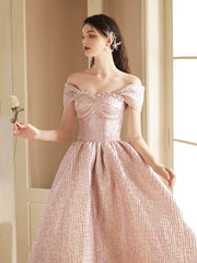 Cute Satin Tea Length Prom Dress, Off the Shoulder Pink A-Line Party Dress