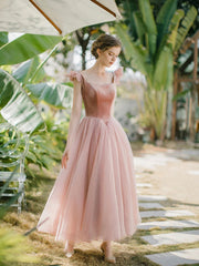 Retro Pink Velvet Tulle Tea Length Prom Dresses, A-Line U-Neck Short Sleeve Princess Party Dresses