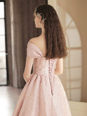 Cute Satin Tea Length Prom Dress, Off the Shoulder Pink A-Line Party Dress