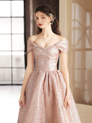 Cute Satin Tea Length Prom Dress, Off the Shoulder Pink A-Line Party Dress
