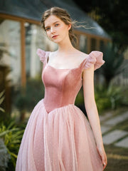 Retro Pink Velvet Tulle Tea Length Prom Dresses, A-Line U-Neck Short Sleeve Princess Party Dresses
