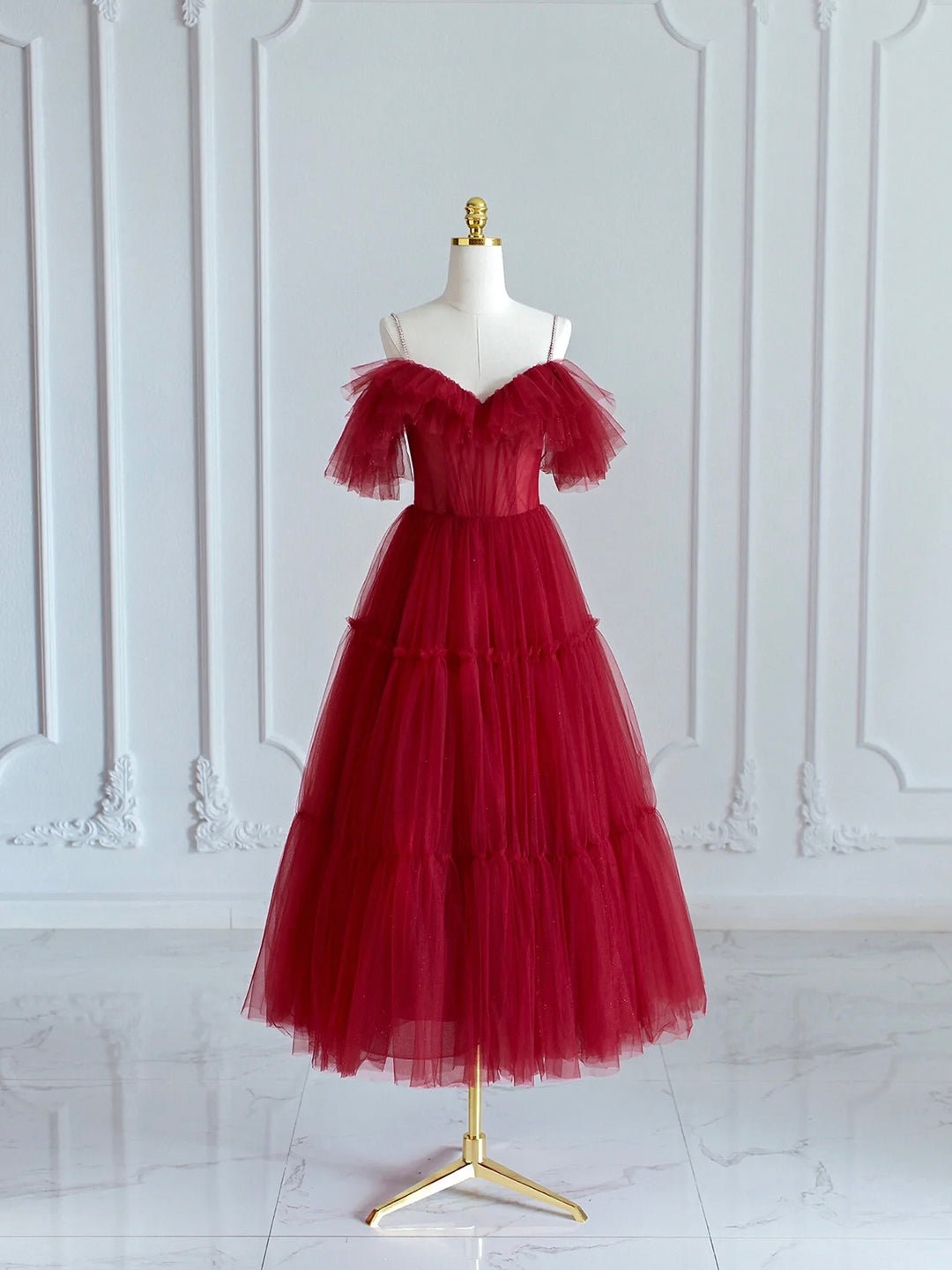 Black V-neck Spaghetti Strap Tea Length Prom Dress, Cute A-Line Evening Party Dress