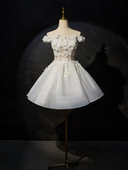 White Flowers Lace Short Prom Dress, Lovely A-Line Evening Party Dress