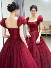 Beautiful Floor Length A-Line Prom Dress, Burgundy Tulle Evening Party Dress