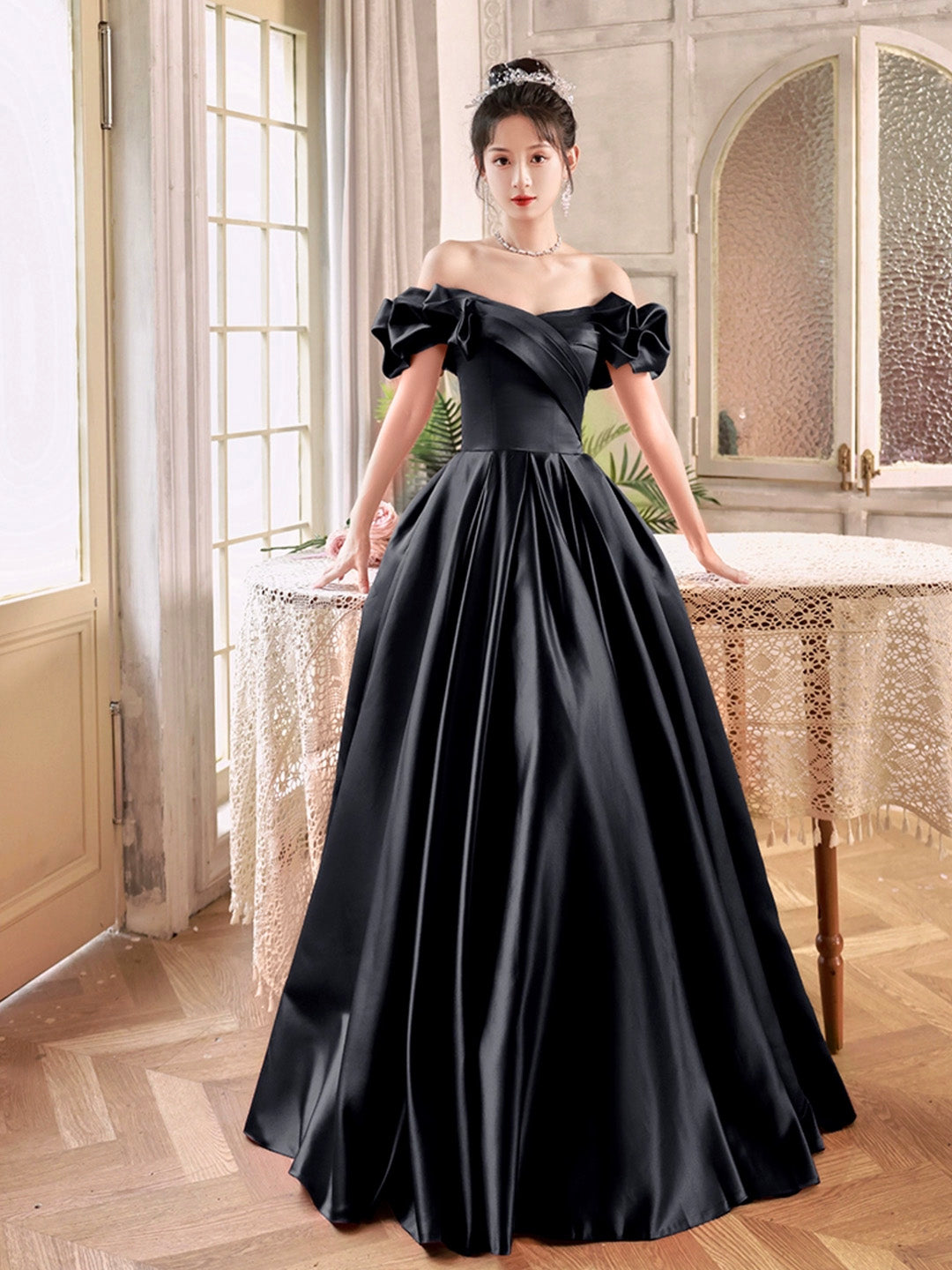 Black Satin Long A-Line Prom Dress, Black Off the Shoulder Evening Party Dress