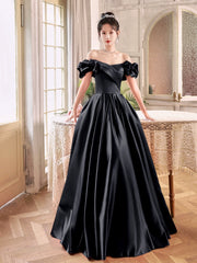 Black Satin Long A-Line Prom Dress, Black Off the Shoulder Evening Party Dress
