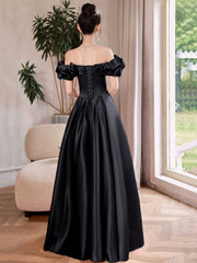 Black Satin Long A-Line Prom Dress, Black Off the Shoulder Evening Party Dress