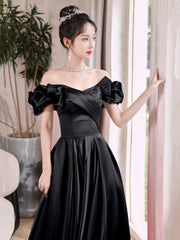 Black Satin Long A-Line Prom Dress, Black Off the Shoulder Evening Party Dress