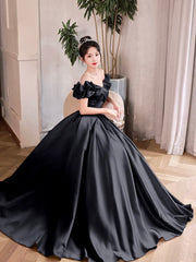 Black Satin Long A-Line Prom Dress, Black Off the Shoulder Evening Party Dress