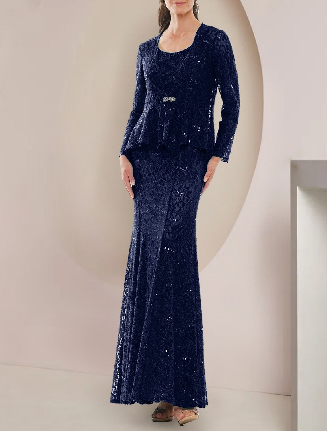 Aimishang Two Piece A-Line Mother of the Bride Dress Formal Wedding Guest Elegant Scoop Neck Floor Length Lace Long Sleeve with Sequin Crystal Brooch