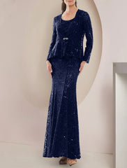 Aimishang Two Piece A-Line Mother of the Bride Dress Formal Wedding Guest Elegant Scoop Neck Floor Length Lace Long Sleeve with Sequin Crystal Brooch