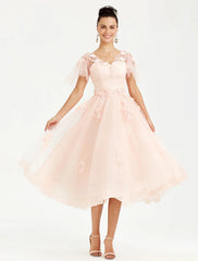 A-Line Prom Dresses Elegant Dress Wedding Short Sleeve V Neck Tulle with Appliques
