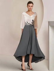 Aimishang A-Line Mother of the Bride Dress Formal Wedding Guest Elegant High Low V Neck Asymmetrical Tea Length Chiffon Lace 3/4 Length Sleeve with Pleats Appliques Color Block