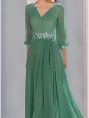 Aimishang A-Line Mother of the Bride Dress Wedding Guest Elegant V Neck Ankle Length Chiffon Lace 3/4 Length Sleeve with Ruching Solid Color