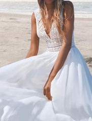 Aimishang Beach Open Back Boho Wedding Dresses A-Line V Neck Sleeveless Floor Length Chiffon Bridal Gowns With