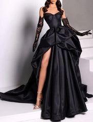 Aimishang A-Line Evening Gown Black Dress Plus Size Dress Carnival Masquerade Court Train Sleeveless Strapless Wednesday Addams Family Satin with Slit Pure Color Prom