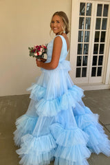 Ball Gown Light Blue Tiered Ruffled Tulle Long V Neck Prom Dresses