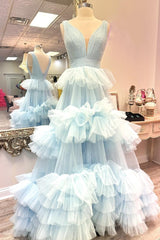 Ball Gown Light Blue Tiered Ruffled Tulle Long V Neck Prom Dresses