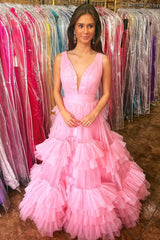 Ball Gown Light Blue Tiered Ruffled Tulle Long V Neck Prom Dresses