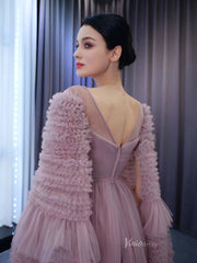 Mauve Ruffle Prom Dresses Cape Sleeve Formal Dress 222125