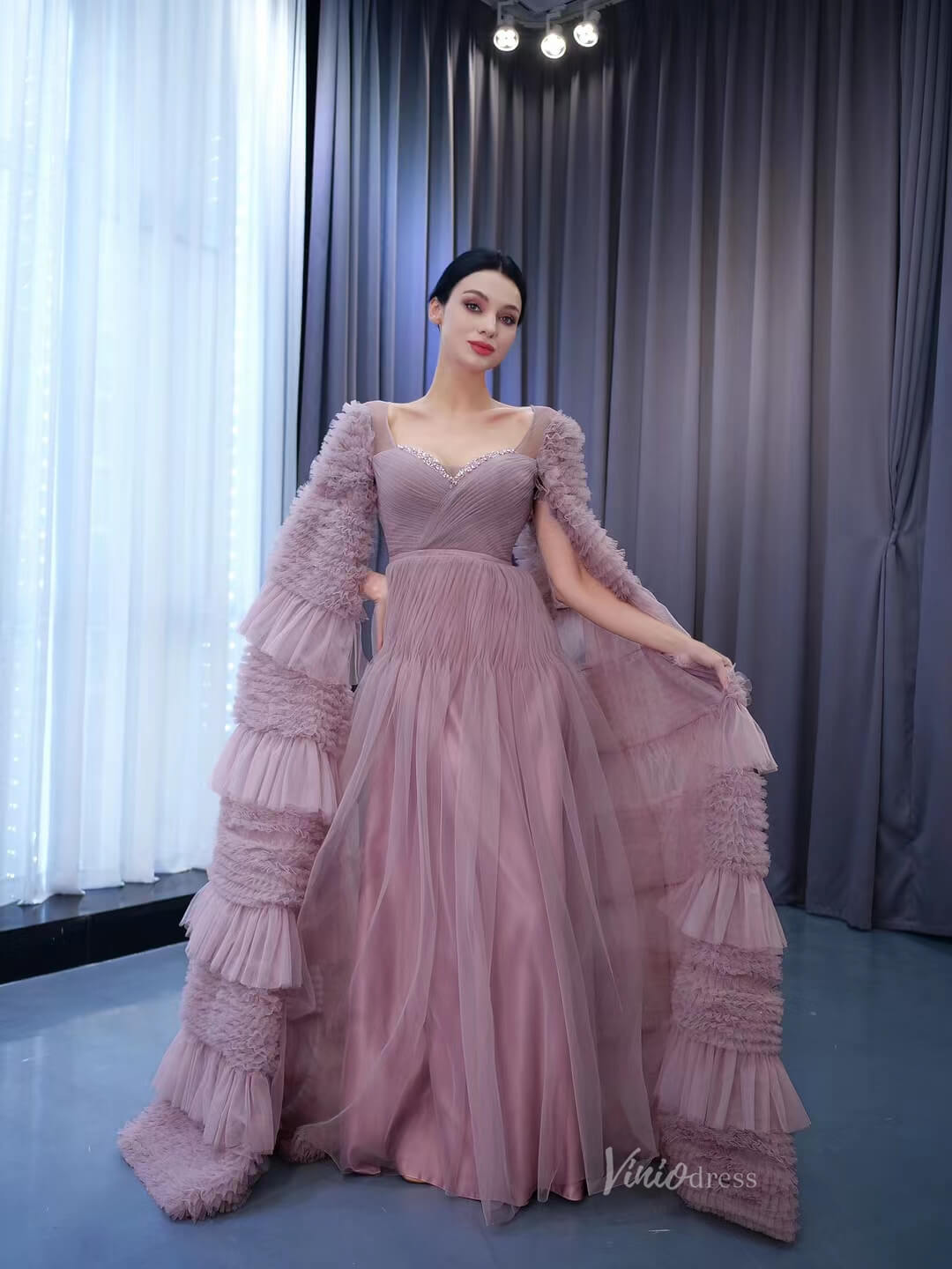 Mauve Ruffle Prom Dresses Cape Sleeve Formal Dress 222125