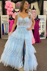 A Line Light Blue Tiered Sweetheart Tulle Slit Prom Dresses