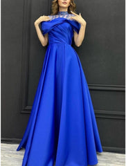 A-Line Evening Gown Elegant Dress Formal Sweep / Brush Train Short Sleeve High Neck Satin with Pleats Crystals