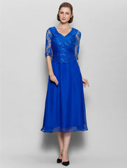 Aimishang  A-Line Mother of the Bride Dress Plus Size Elegant V Neck Tea Length Chiffon Lace Half Sleeve No with Lace Criss Cross Ruched