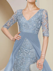 XIAOPINWU DRESS Sheath / Column Mother of the Bride Dress Formal Wedding Guest Elegant V Neck Knee Length Chiffon Lace Half Sleeve