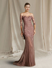 Aimishang  Mermaid / Trumpet Mother of the Bride Dress Formal Wedding Guest Elegant Scoop Neck Sweep / Brush Train Lace Tulle Half Sleeve with Appliques
