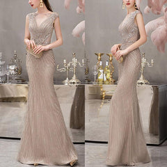 Mermaid Long Evening Dress With Cap Sleeves V-Neck Beadings Online