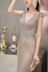 Mermaid Long Evening Dress With Cap Sleeves V-Neck Beadings Online