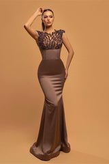 Mermaid Long Prom Dress with Chocolate Brown Cap Sleeves and Beads
