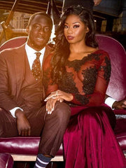 Mermaid Long Sleeves Bateau Court Train With Applique Satin Dresses