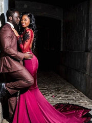 Mermaid Long Sleeves Bateau Court Train With Applique Satin Dresses