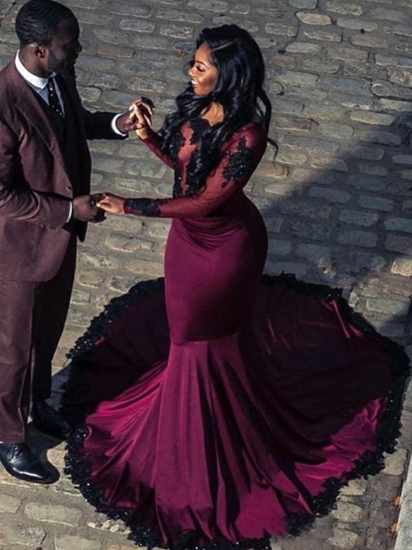 Mermaid Long Sleeves Bateau Court Train With Applique Satin Dresses