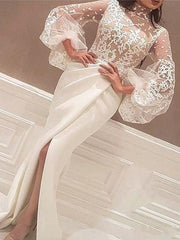 Mermaid Long Sleeves High Neck Sweep/Brush Train Lace Satin Dresses