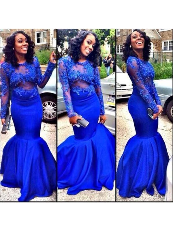 Mermaid Satin Scoop Long Sleeves Floor-Length With Applique Dresses