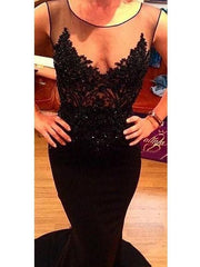 Mermaid Scoop Sleeveless Sweep/Brush Train With Applique Satin Dresses