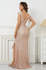 Mermaid Scoop Split Prom Dress With Cap Sleeves & Ruffle