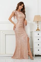 Mermaid Scoop Split Prom Dress With Cap Sleeves & Ruffle