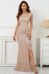 Mermaid Scoop Split Prom Dress With Cap Sleeves & Ruffle