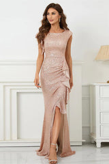 Mermaid Scoop Split Prom Dress With Cap Sleeves & Ruffle